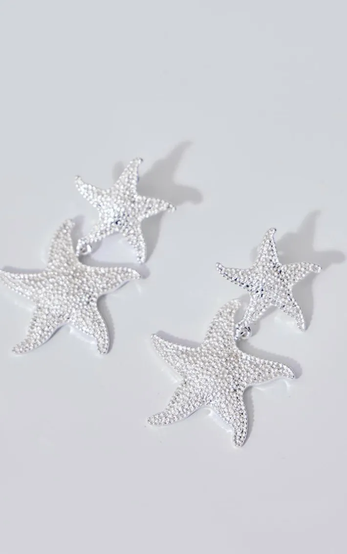 Silver Starfish Detail Drop Stud Earrings