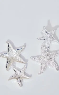 Silver Starfish Detail Drop Stud Earrings