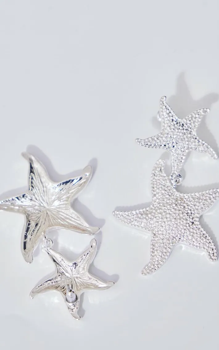 Silver Starfish Detail Drop Stud Earrings