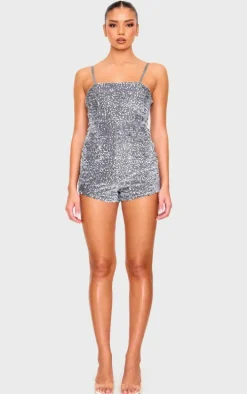Silver Strappy Sequin Hot Pant Romper