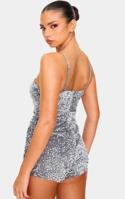 Silver Strappy Sequin Hot Pant Romper