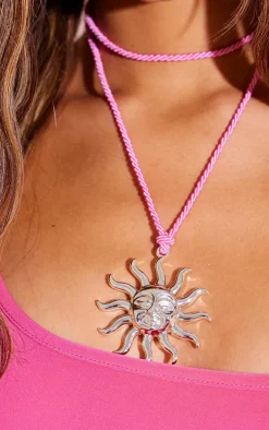 Silver Sun Detail Pink Rope Necklace