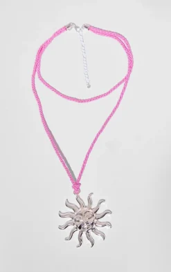 Silver Sun Detail Pink Rope Necklace