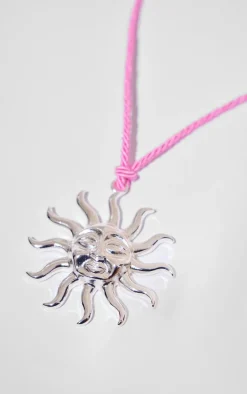 Silver Sun Detail Pink Rope Necklace