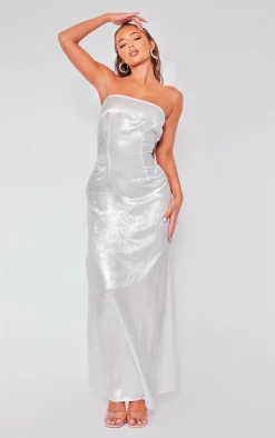 Silver Textured Bandeau Maxi Dress