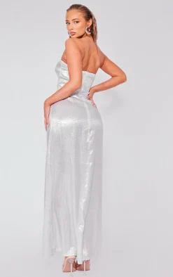 Silver Textured Bandeau Maxi Dress