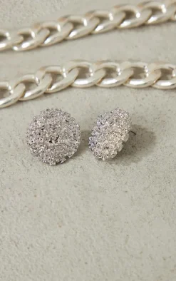Silver Textured Circular Stud Earrings