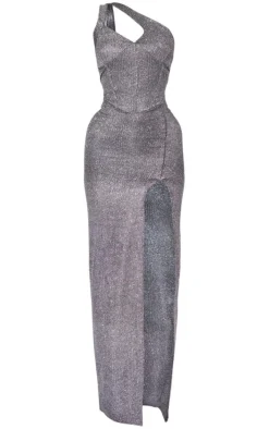 Silver Textured Glitter Cut Out One Shoulder Corset Maxi Dress