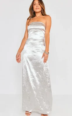 Silver Textured Satin Cowl Bandeau Maxi Dress