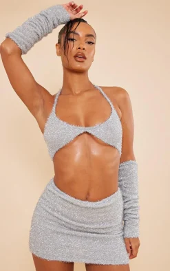 Silver Tinsel Knit Halterneck Bralet & Sleeves