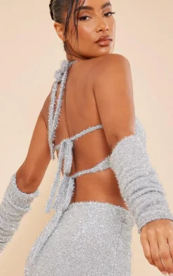 Silver Tinsel Knit Halterneck Bralet & Sleeves