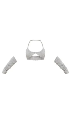 Silver Tinsel Knit Halterneck Bralet & Sleeves