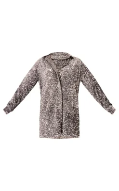 Silver Velvet Sequin Oversized Shirt Dress