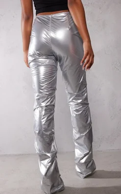 Silver Vinyl High Waist Ruched Flared Pants