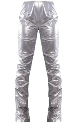 Silver Vinyl High Waist Ruched Flared Pants