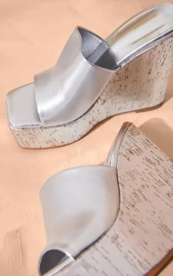 Silver Wide Fit Heeled Wedge Mule Sandals