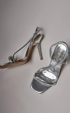 Silver Wide Fit PU Square Toe Padded Asymmetric High Heeled Sandals