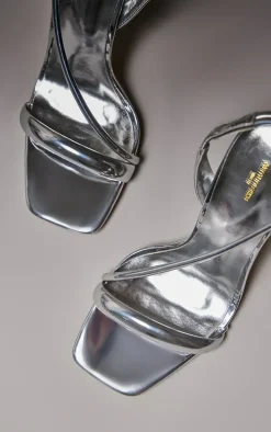 Silver Wide Fit PU Square Toe Padded Asymmetric High Heeled Sandals