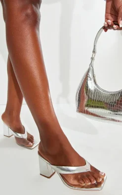 Silver Wide Fit Pu Square Toe Thong Block Mid Heeled Mules