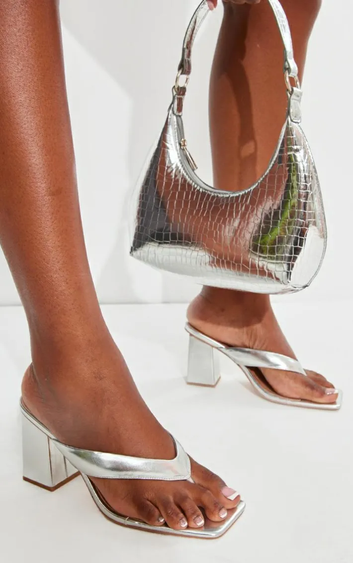 Silver Wide Fit Pu Square Toe Thong Block Mid Heeled Mules