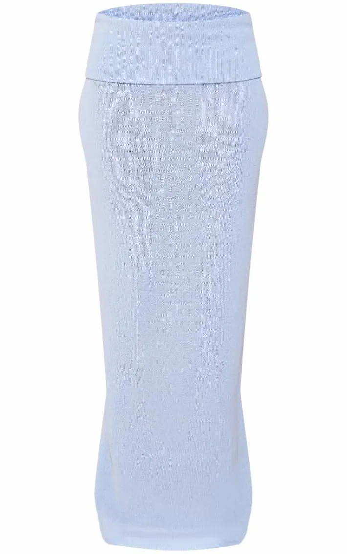 Sky Blue Knitted Foldover Waistband Low Rise Maxi Skirt