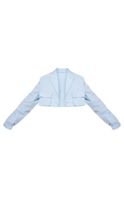 Sky Blue Linen Look Pocket Detail Super Cropped Blazer
