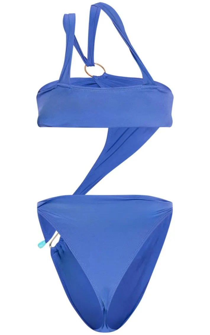 Slate Blue Asymmetric Cut Out Silver Trim Swimsuit