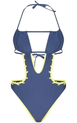 Slate Grey Contrast Stitch Cut Out Bandeau Swimsuit