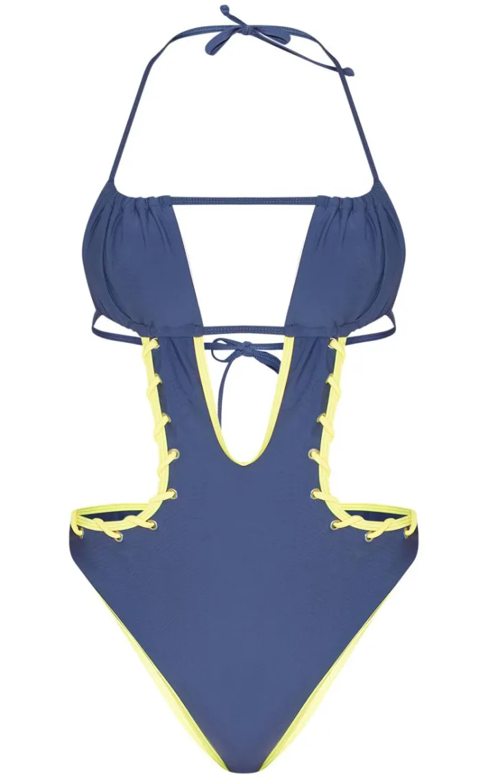 Slate Grey Contrast Stitch Cut Out Bandeau Swimsuit