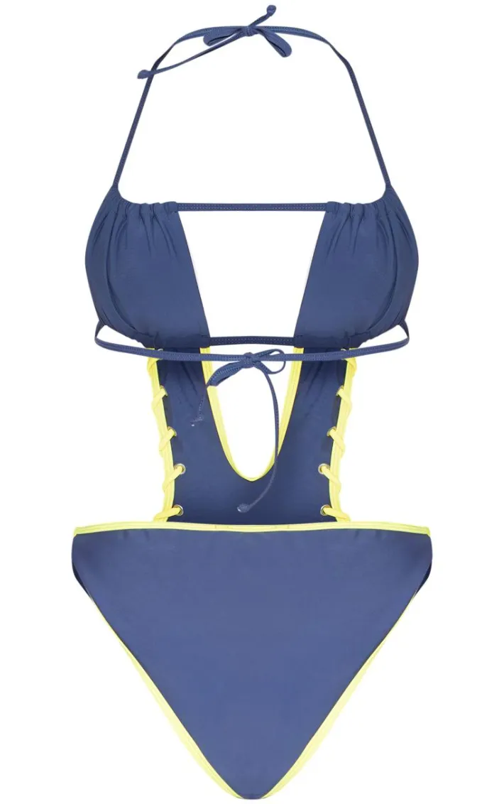 Slate Grey Contrast Stitch Cut Out Bandeau Swimsuit