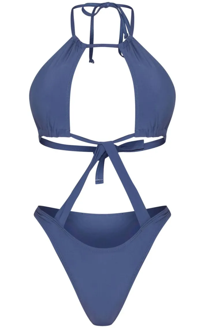 Slate Grey Halter Neck Cut Out Swimsuit