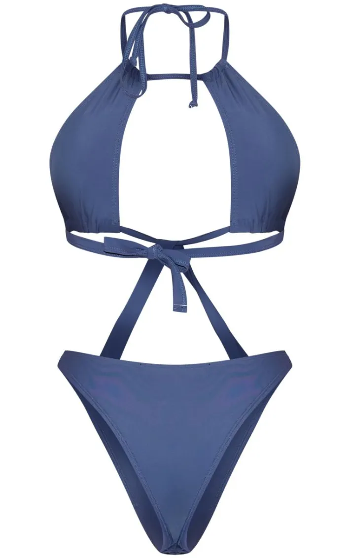 Slate Grey Halter Neck Cut Out Swimsuit