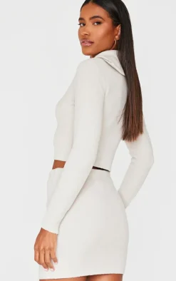 Slate Grey Soft Knit Zip Up Roll Neck Cropped Sweater