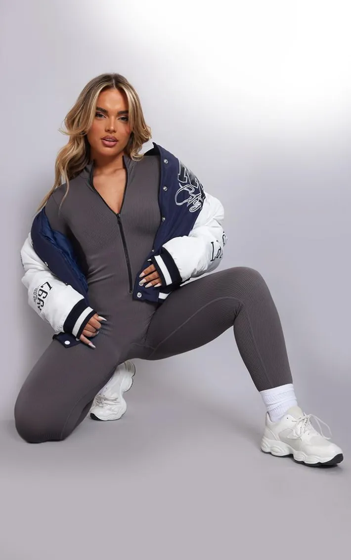 Slate Grey Structured Snatched Rib Zip Jumpsuit