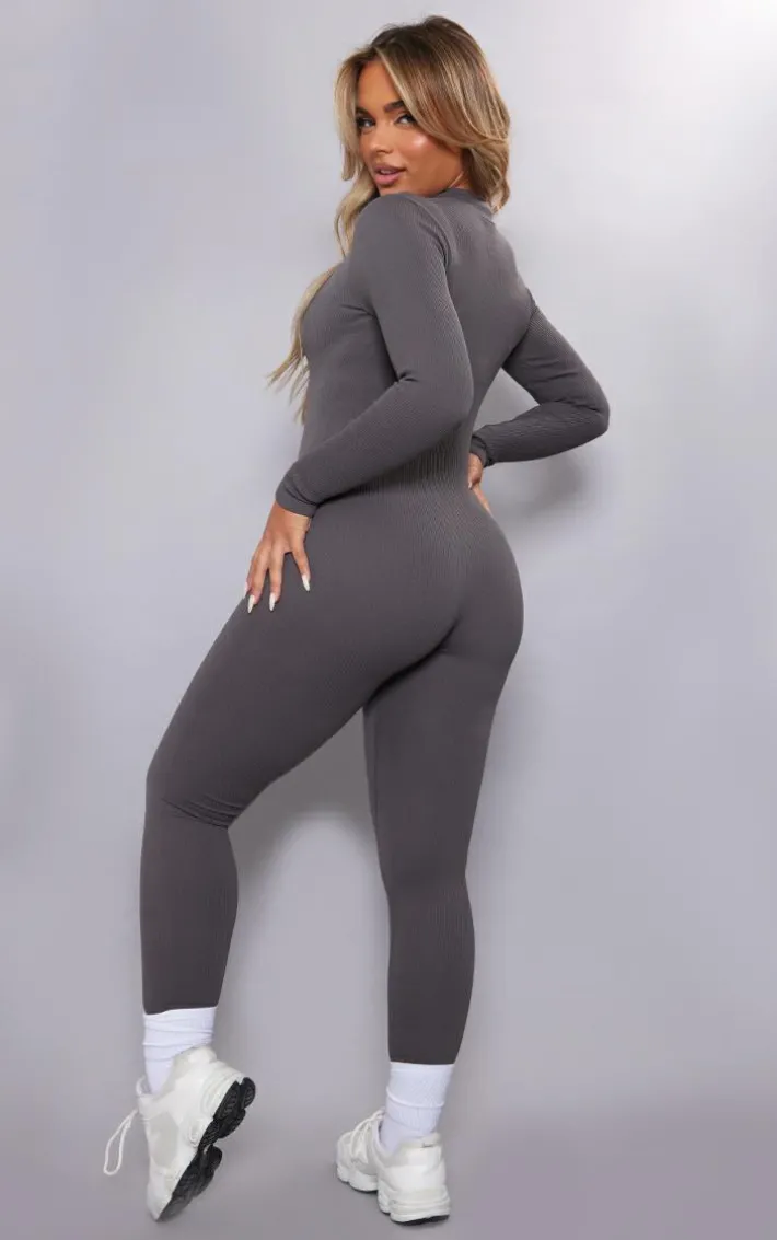 Slate Grey Structured Snatched Rib Zip Jumpsuit