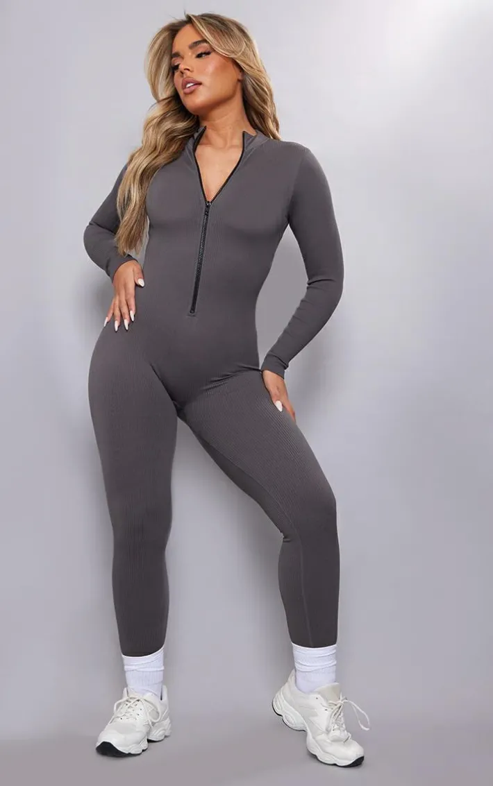 Slate Grey Structured Snatched Rib Zip Jumpsuit