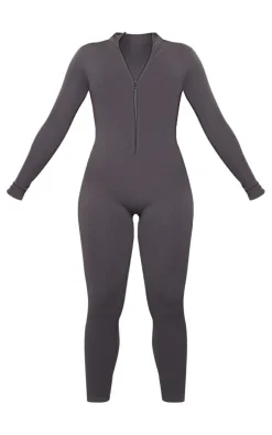 Slate Grey Structured Snatched Rib Zip Jumpsuit