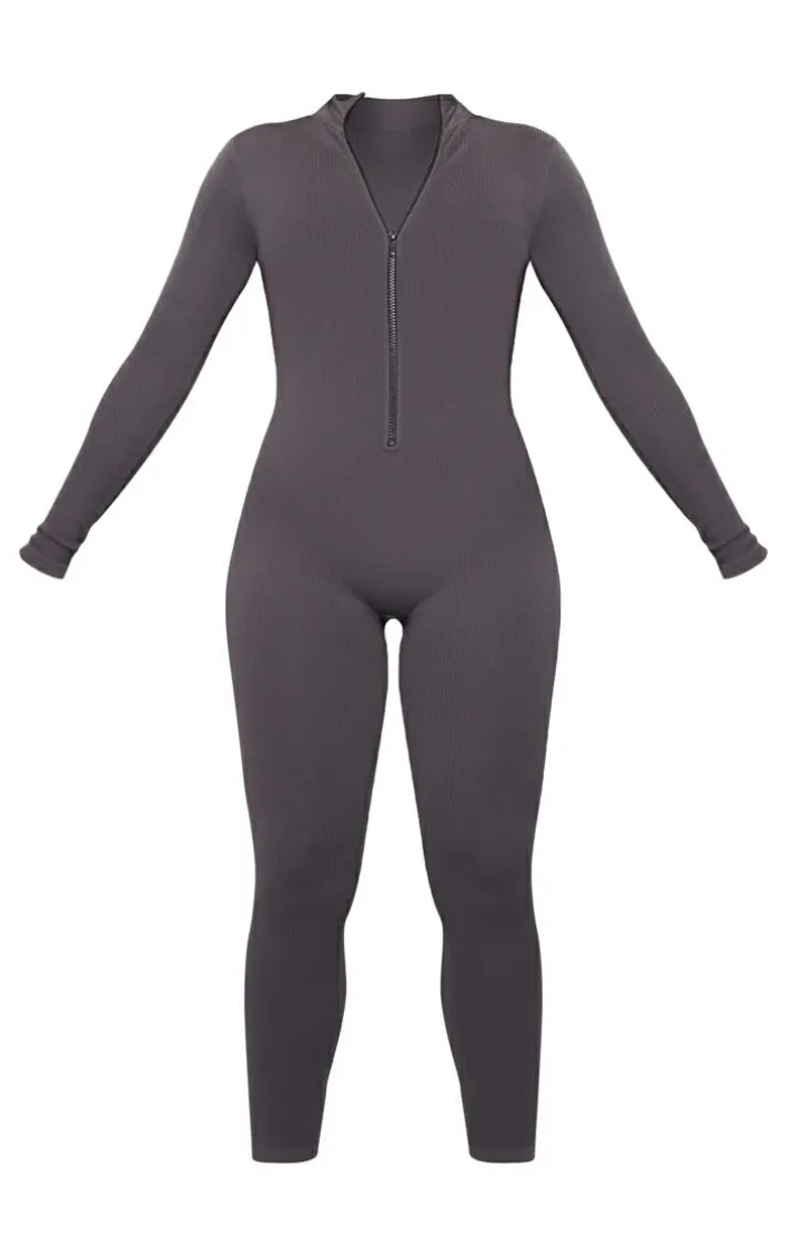 Slate Grey Structured Snatched Rib Zip Jumpsuit