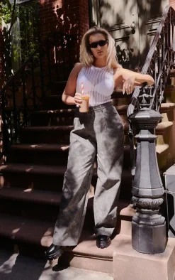 Slate Washed Faux Leather Dart Pocket Straight Leg Pants