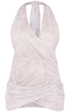 Snake Print Extreme Cut Out Halter Neck Wrap Bodycon Dress