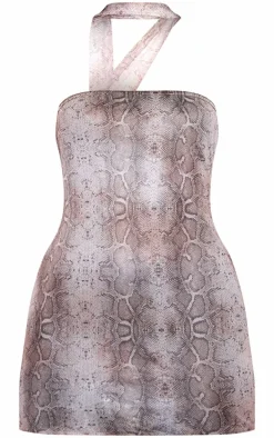 Snake Print Printed Mesh Tie Neck Mini Dress