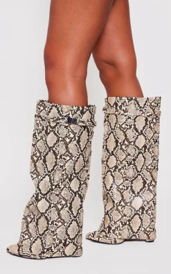 Snake Print PU Fold Over Knee Block Heeled Boots