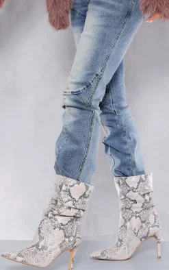 Snake Print PU Point Toe Ruched High Heeled Ankle Boots