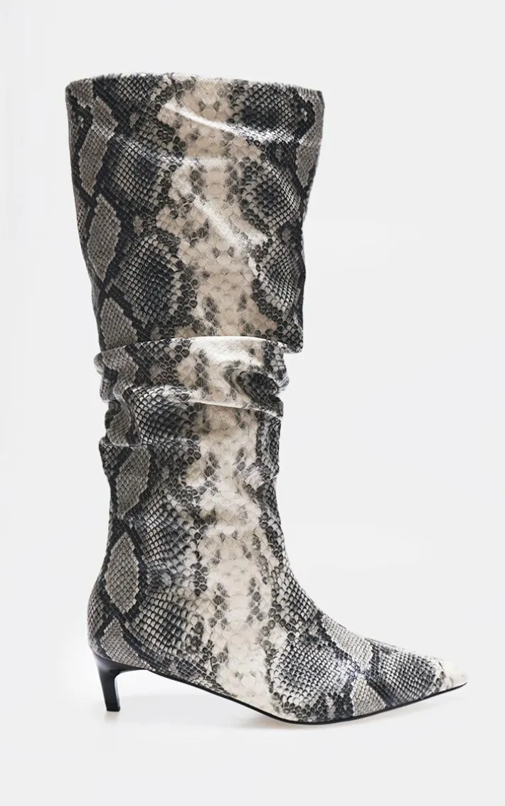 Snake Print PU Wide Fit Gathered Low Heel Knee High Boots
