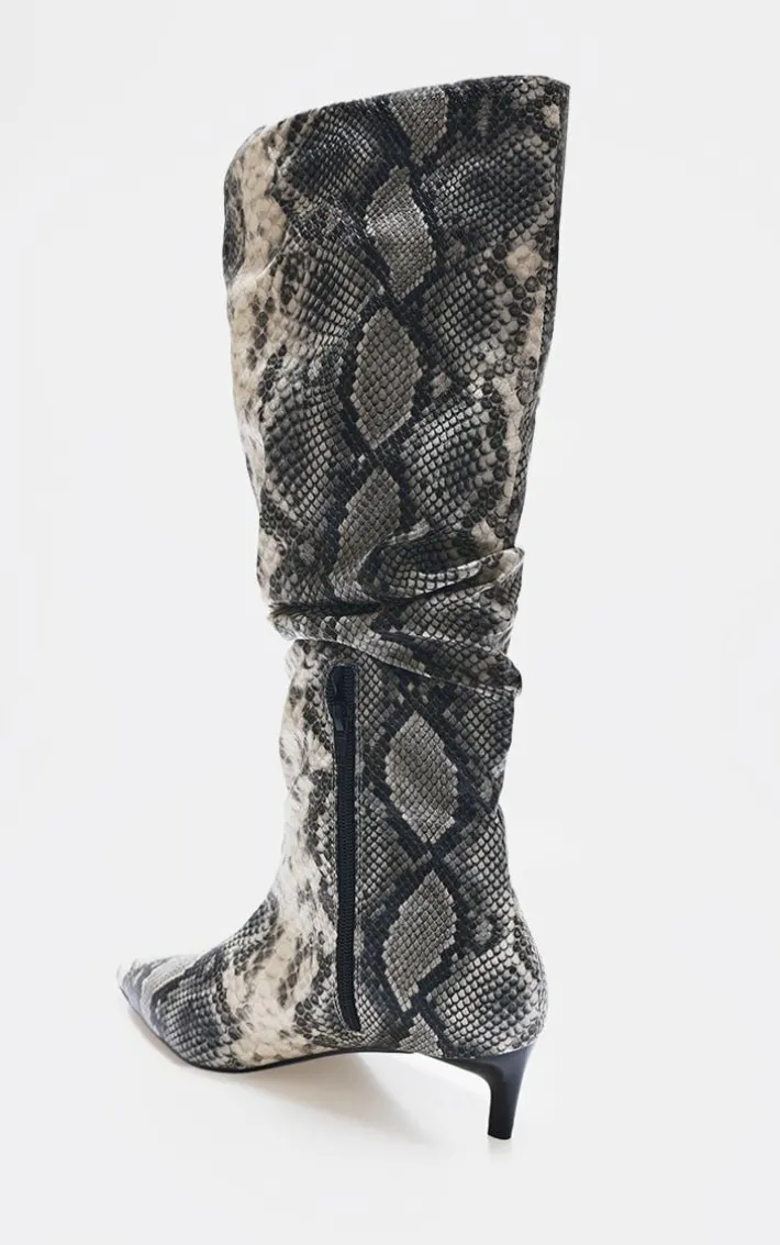 Snake Print PU Wide Fit Gathered Low Heel Knee High Boots