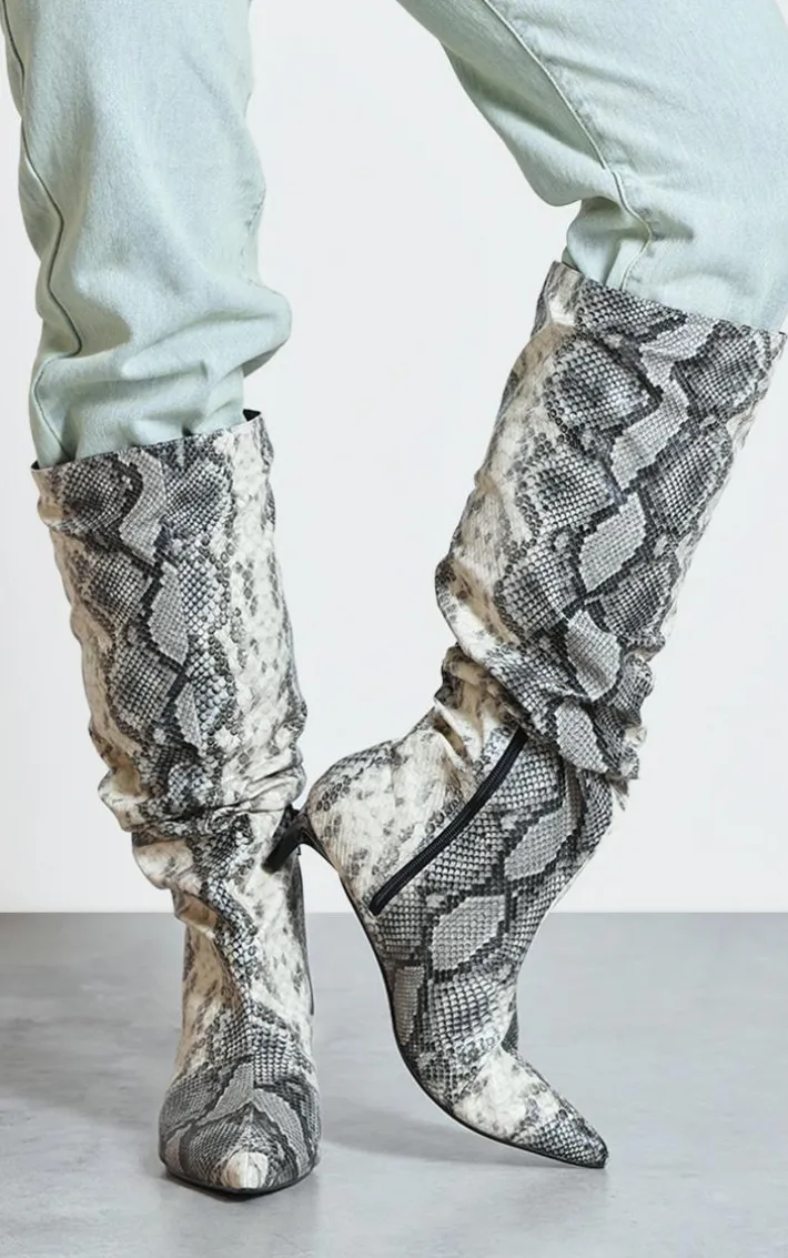 Snake Print PU Wide Fit Gathered Low Heel Knee High Boots