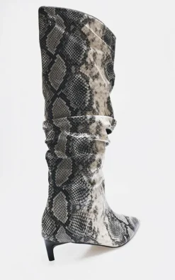Snake Print PU Wide Fit Gathered Low Heel Knee High Boots