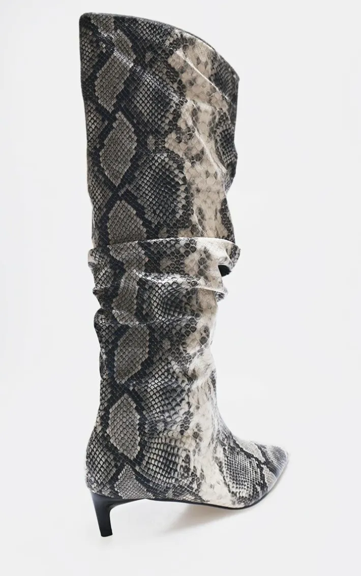 Snake Print PU Wide Fit Gathered Low Heel Knee High Boots