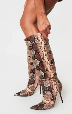 Snake PU Point Toe Knee High Stiletto Heeled Boots