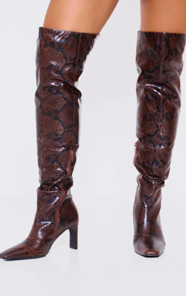Snake PU Point Toe Over The Knee Heeled Boots